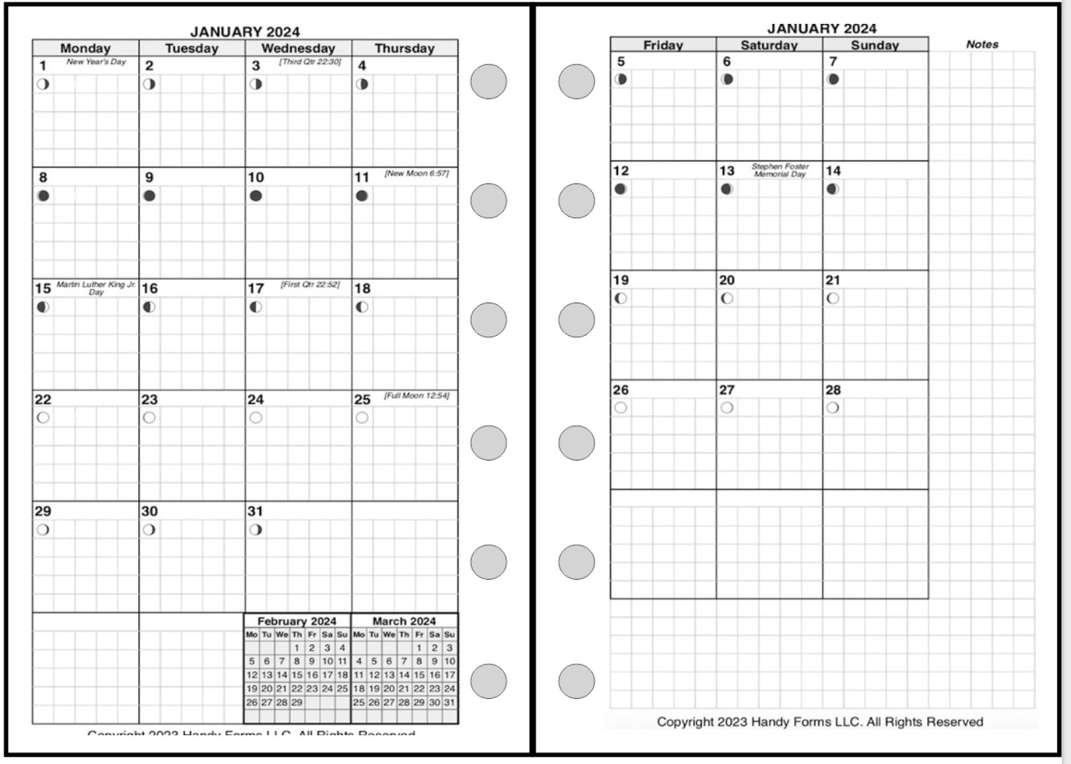 Pocket Monthly Planner, 2 Pages Per Month, 7-Column Month, With Grid