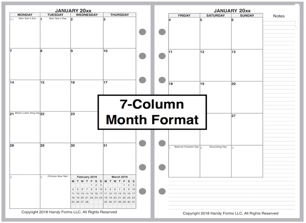 Pocket Monthly Planner, 2 Pages Per Month, 7-Column Month, No Lines