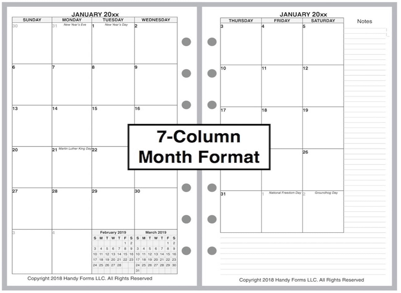 Pocket Monthly Planner, 2 Pages Per Month, 7-Column Month, No Lines