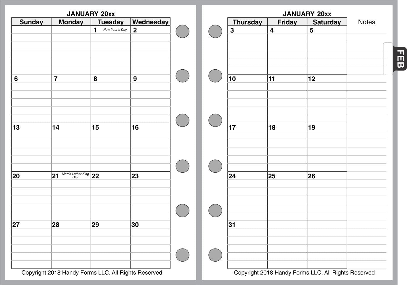 Pocket Monthly Planner, 2 Pages Per Month, 8-Column Month, With Lines
