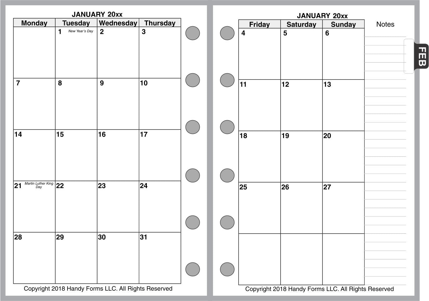 Pocket Monthly Planner, 2 Pages Per Month, 8-Column Month, No Lines