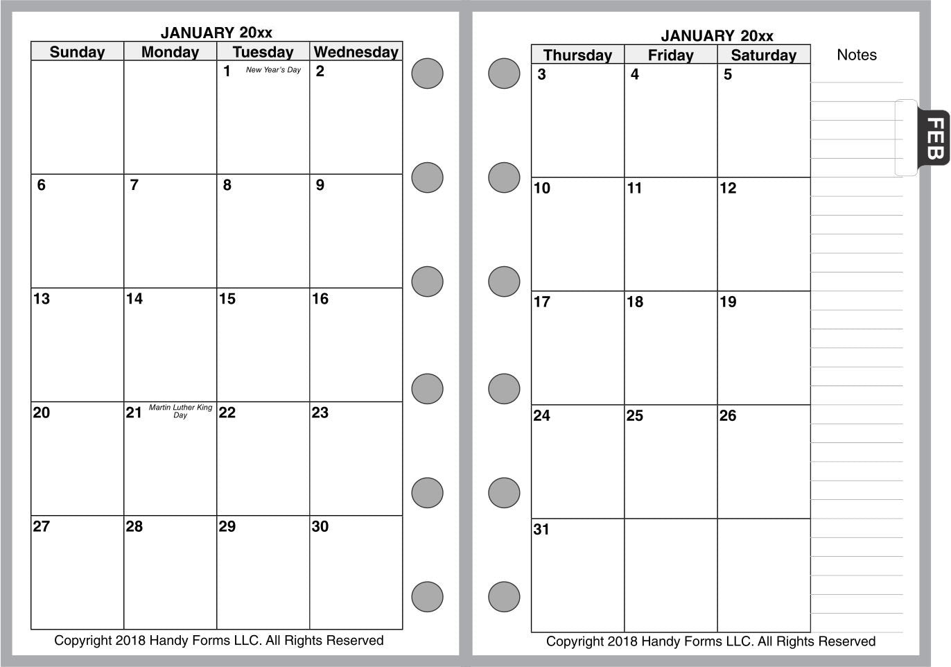 Pocket Monthly Planner, 2 Pages Per Month, 8-Column Month, No Lines