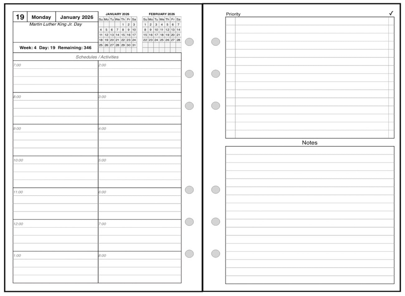 Pocket Daily and Monthly Planner, 2 Pages Per Day, 2 Pages Per Month, With Lines, Style C