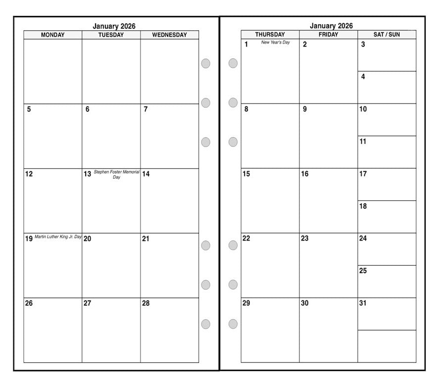 Personal Monthly Planner, 2 Pages Per Month, 6-Column Month, No Lines