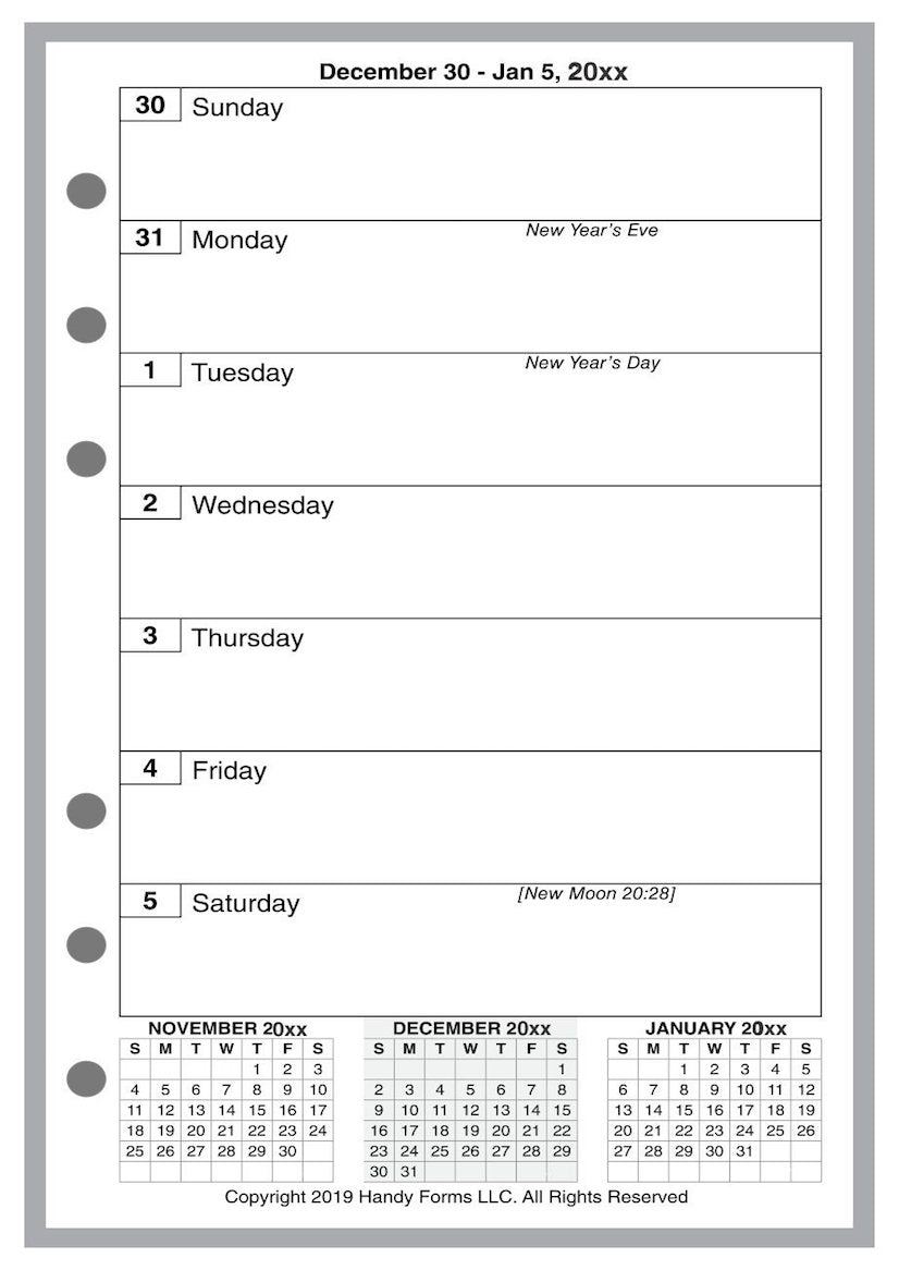 A6 Weekly and Monthly Planner, 1 Page Per Week, 2 Pages Per Month, No Lines, Style E
