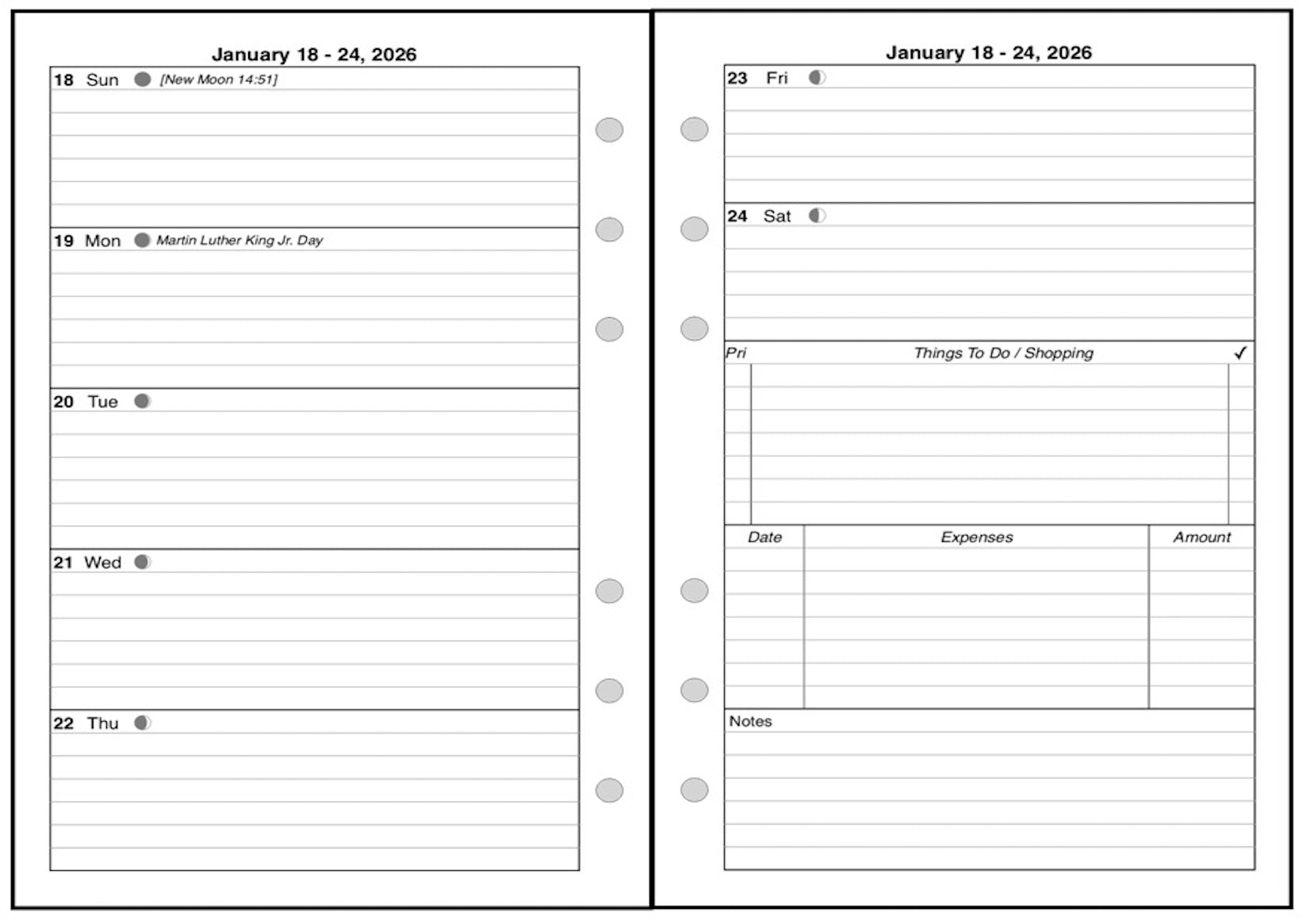A6 Weekly and Monthly Planner, 2 Pages Per Week, 2 Pages Per Month, Style C