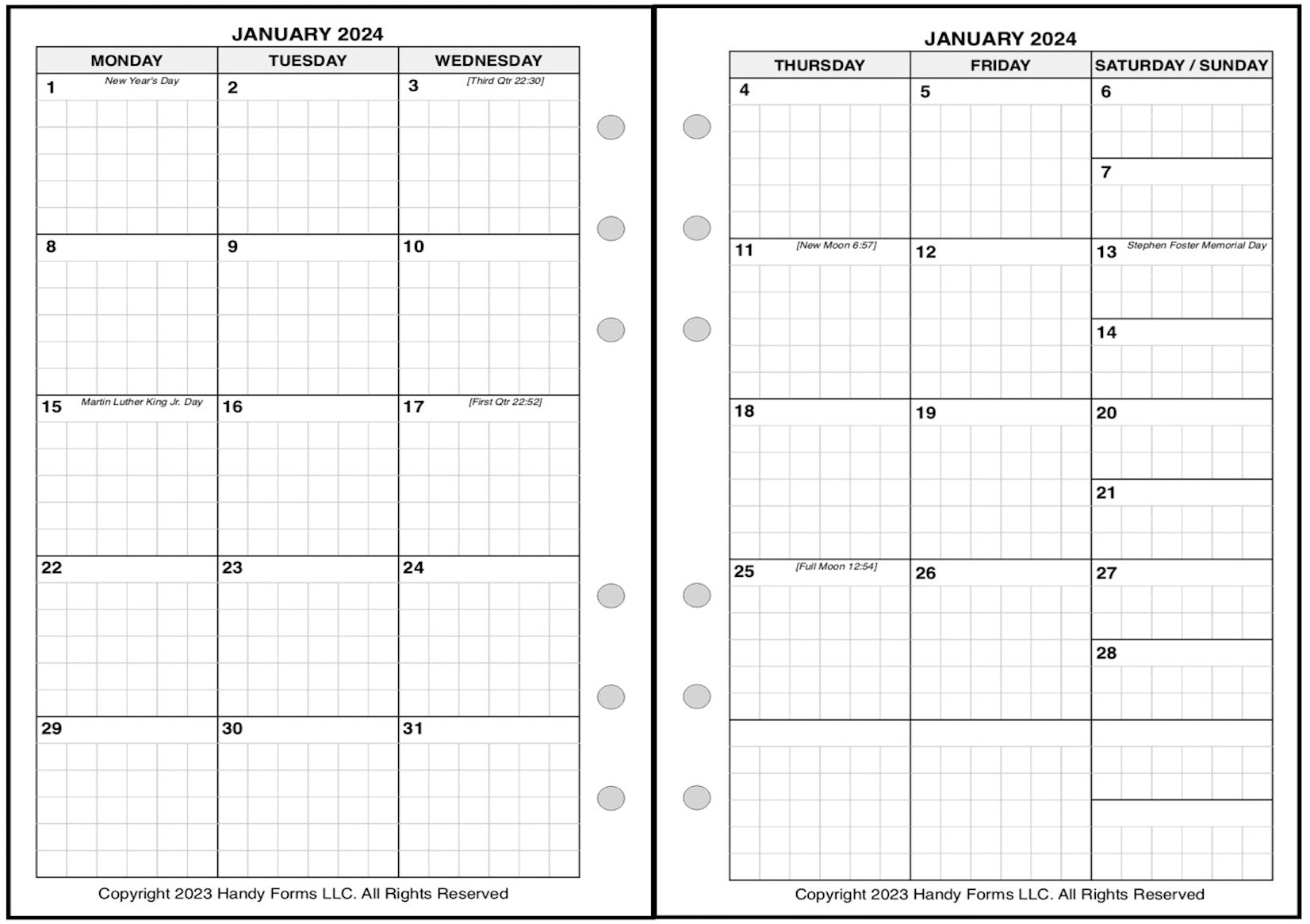 A6 Monthly Planner, 2 Pages Per Month, 6-Column Month, With Grid