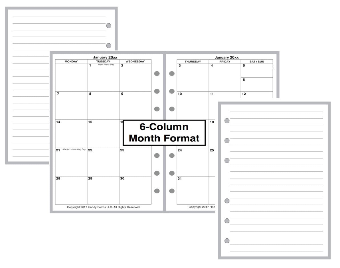A6 Monthly Planner, 2 Pages Per Month, 6-Column Month, No Lines