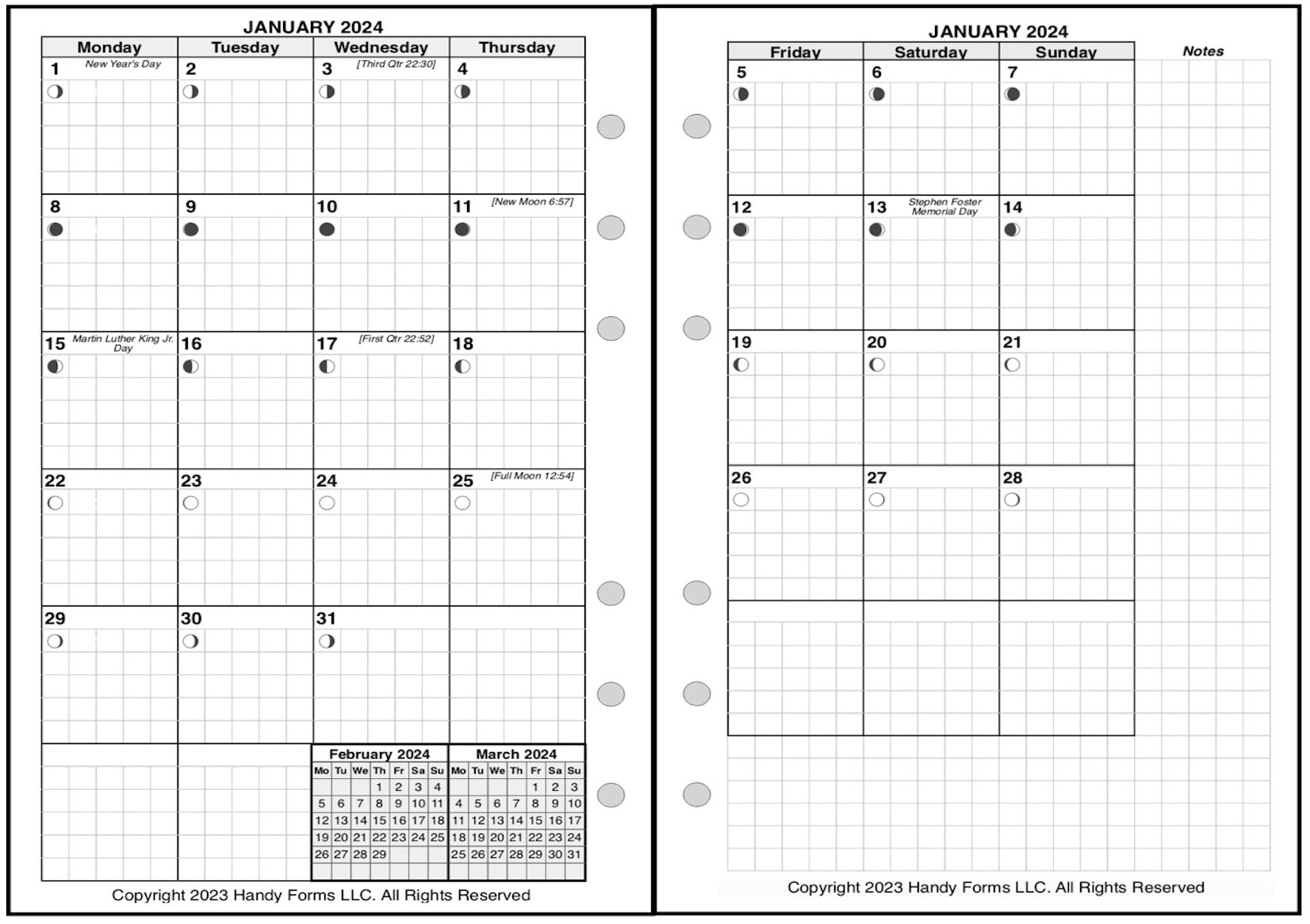 A6 Monthly Planner, 2 Pages Per Month, 7-Column Month, With Grid
