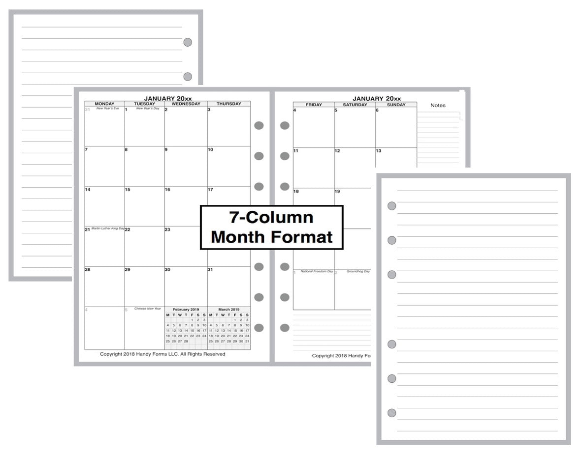 A6 Monthly Planner, 2 Pages Per Month, 7-Column Month, No Lines