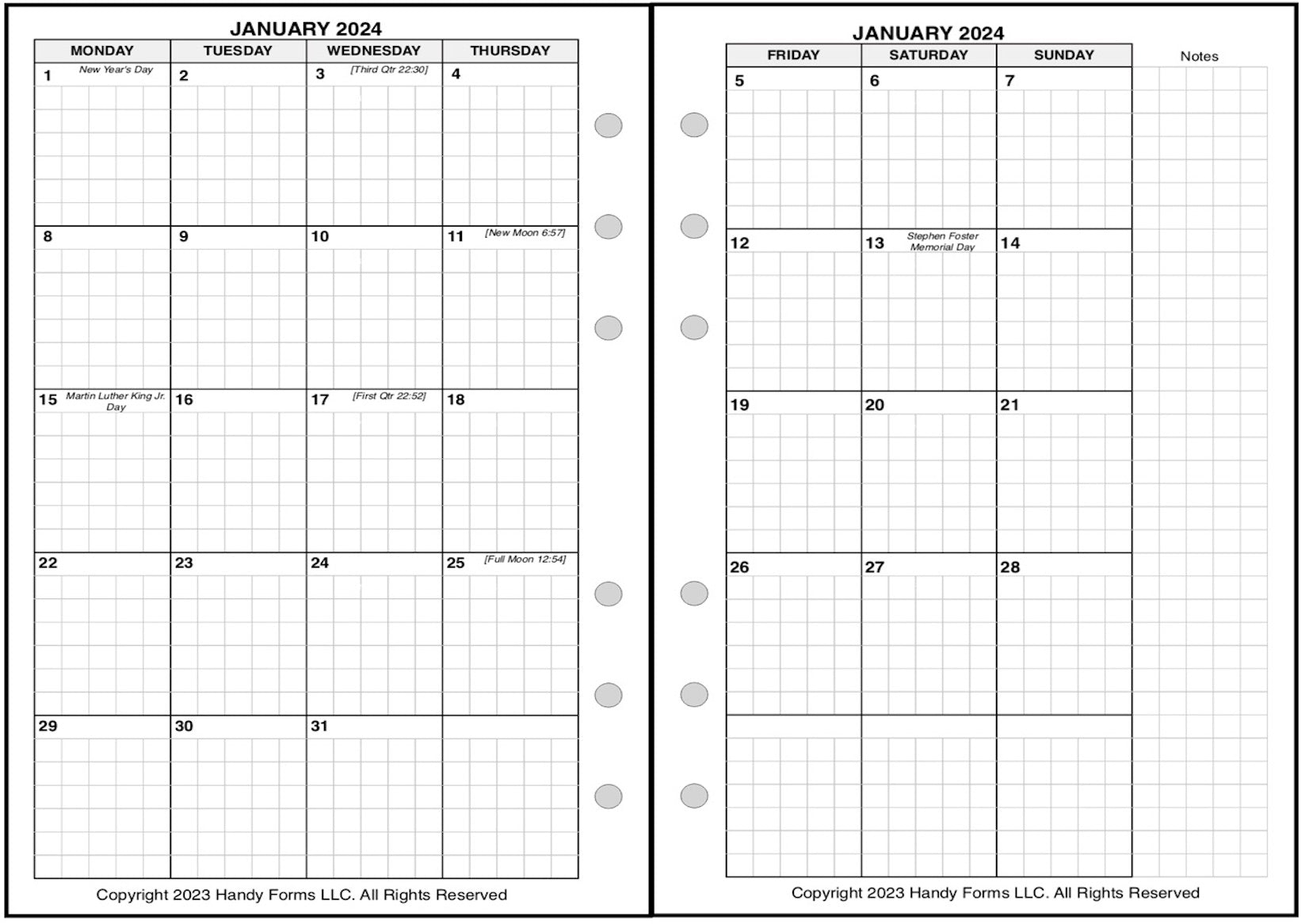 A6 Monthly Planner, 2 Pages Per Month, 8-Column Month, With Lines