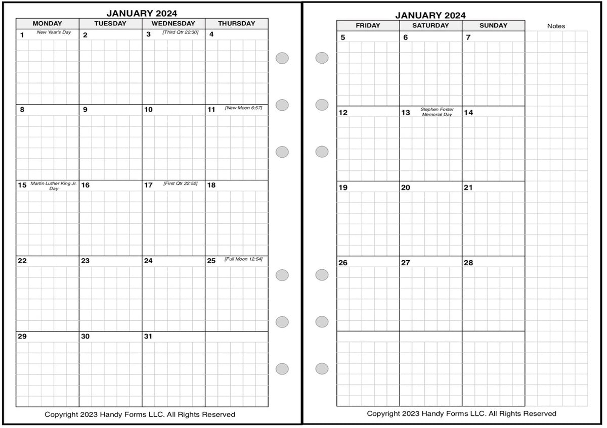 A6 Monthly Planner, 2 Pages Per Month, 8-Column Month, With Lines