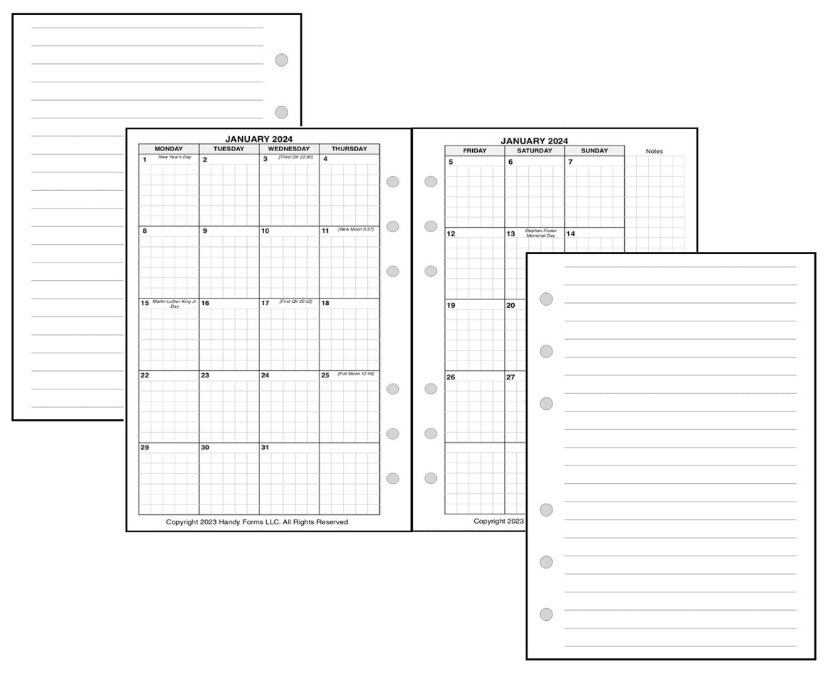 A6 Monthly Planner, 2 Pages Per Month, 8-Column Month, With Lines