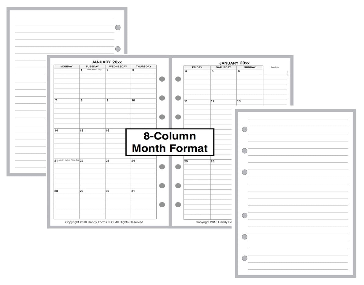 A6 Monthly Planner, 2 Pages Per Month, 8-Column Month, With Lines