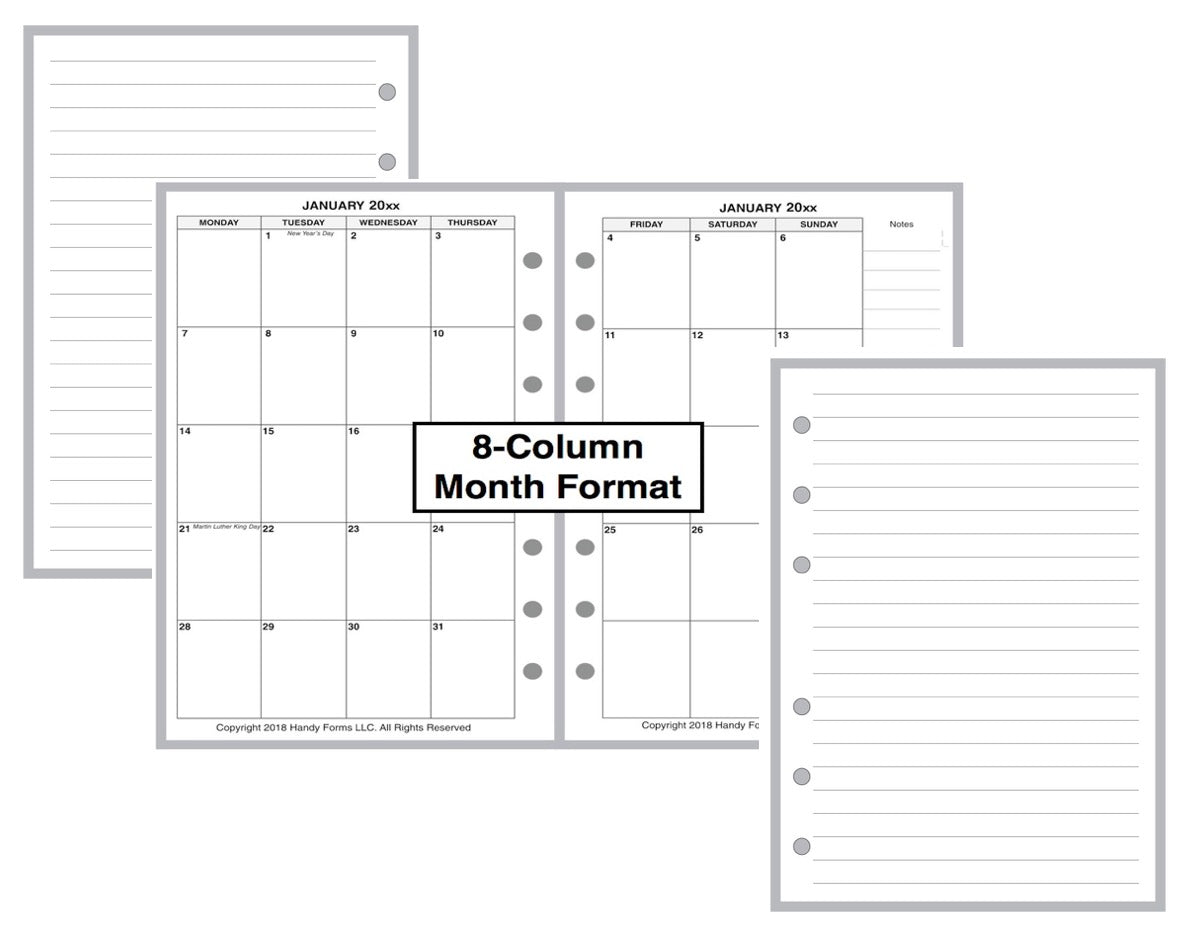 A6 Monthly Planner, 2 Pages Per Month, 8-Column Month, No Lines