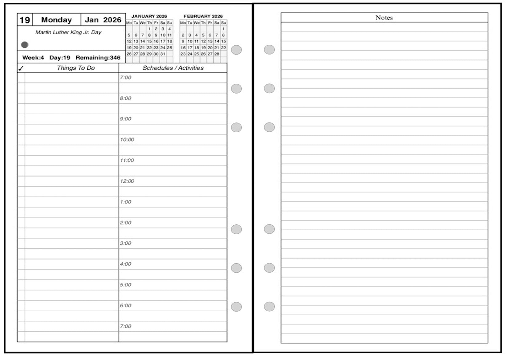 A6 Daily and Monthly Planner, 2 Pages Per Day, 2 Pages Per Month, With Lines, Style A