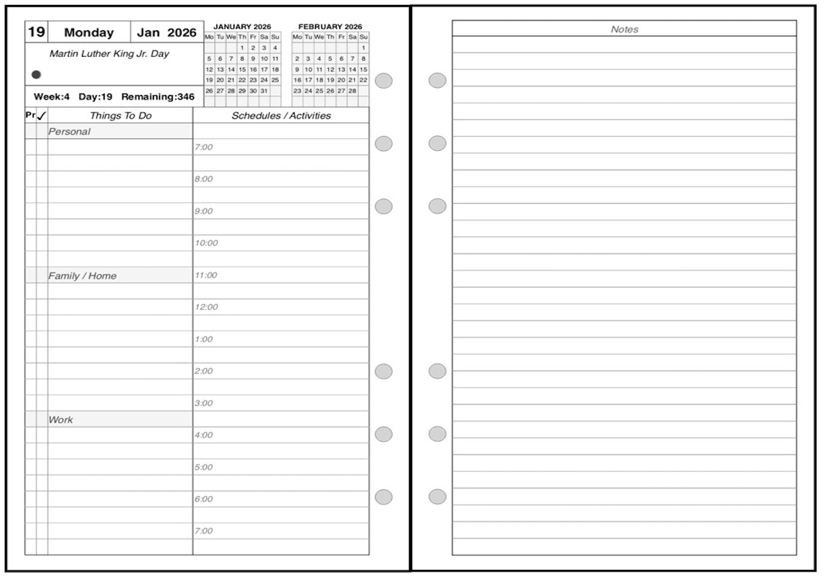 A6 Daily and Monthly Planner, 2 Pages Per Day, 2 Pages Per Month, With Lines, Style AS