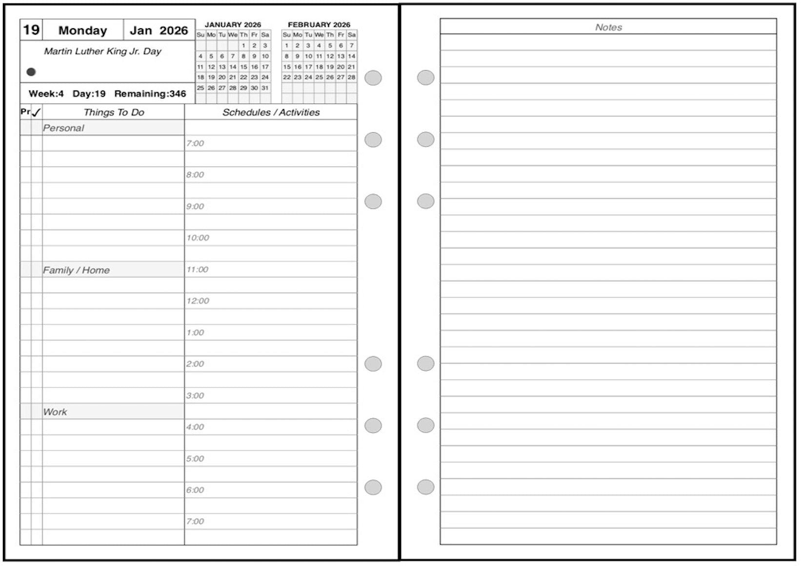 A6 Daily and Monthly Planner, 2 Pages Per Day, 2 Pages Per Month, With Lines, Style AS