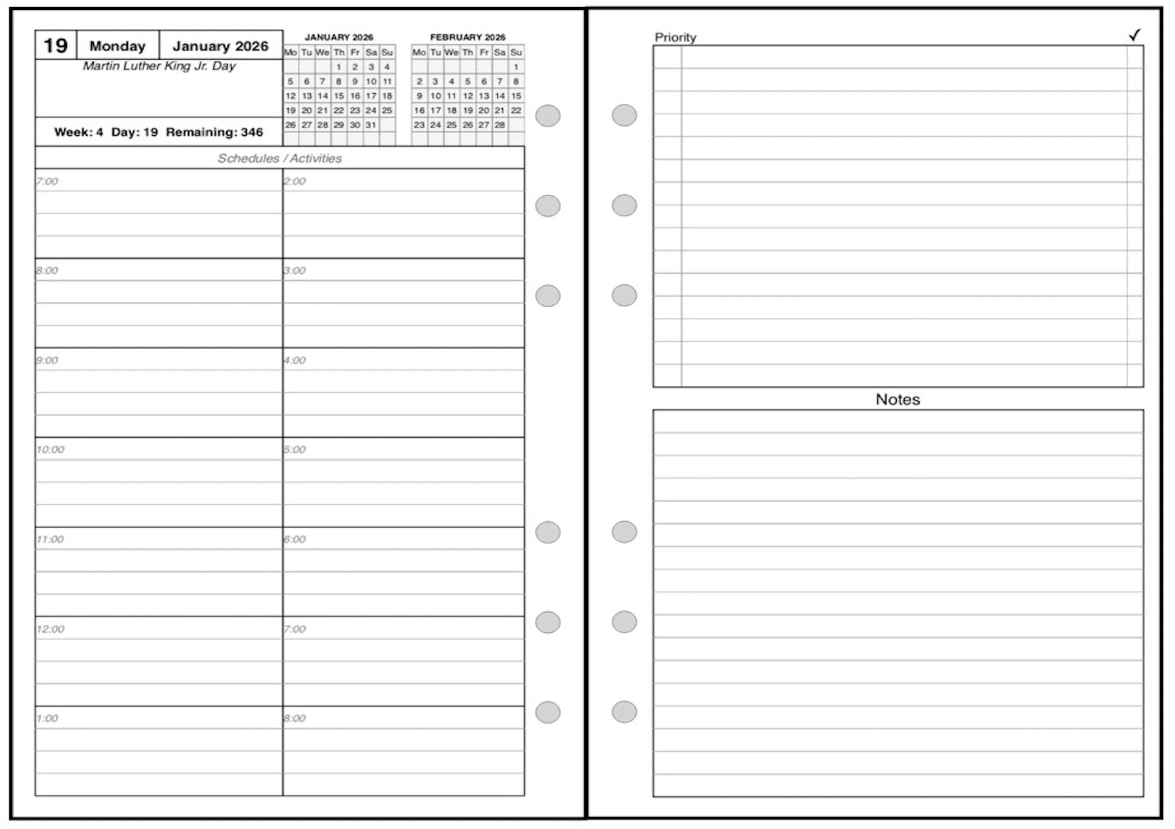 A6 Daily and Monthly Planner, 2 Pages Per Day, 2 Pages Per Month, With Lines, Style C