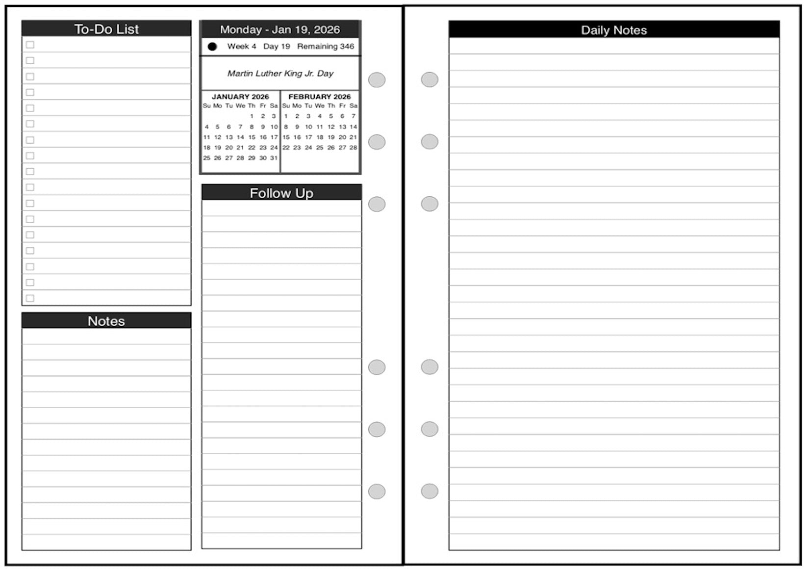 A6 Daily and Monthly Planner, 2 Pages Per Day, 2 Pages Per Month, With Lines, Style D