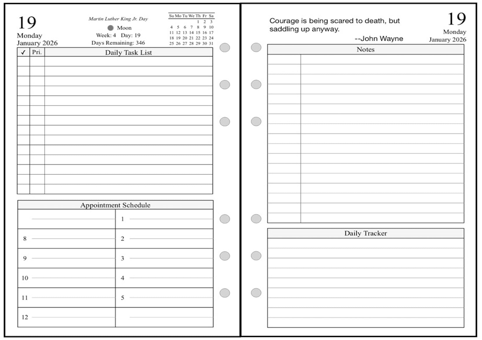 A6 Daily and Monthly Planner, 2 Pages Per Day, 2 Pages Per Month, With Lines, Style D