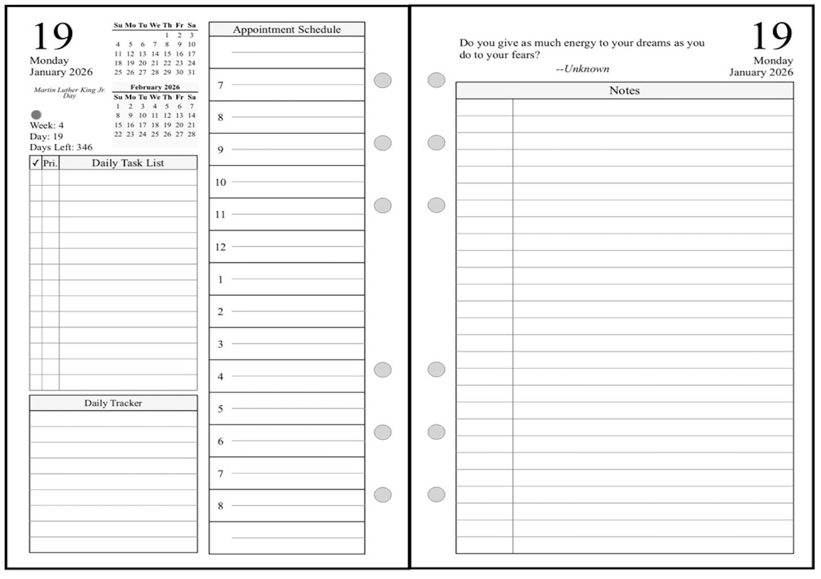 A6 Daily and Monthly Planner, 2 Pages Per Day, 2 Pages Per Month, With Lines, Style D1