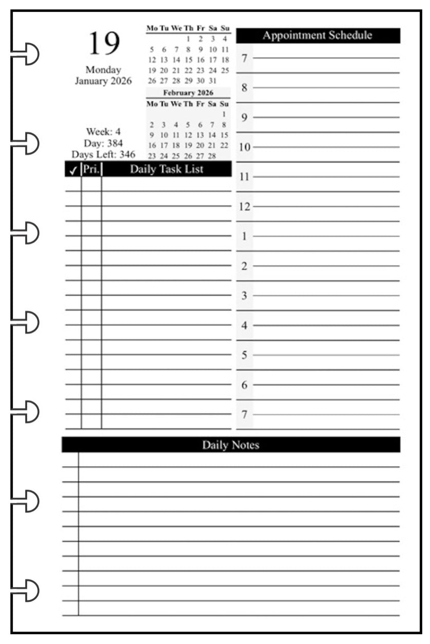 Mini Daily and Monthly Planner, 1 Page Per Day, 2 Pages Per Month, With Lines, Style D