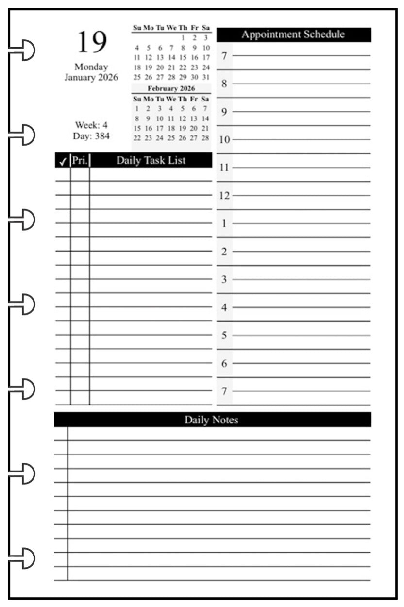 Mini Daily and Monthly Planner, 1 Page Per Day, 2 Pages Per Month, With Lines, Style D