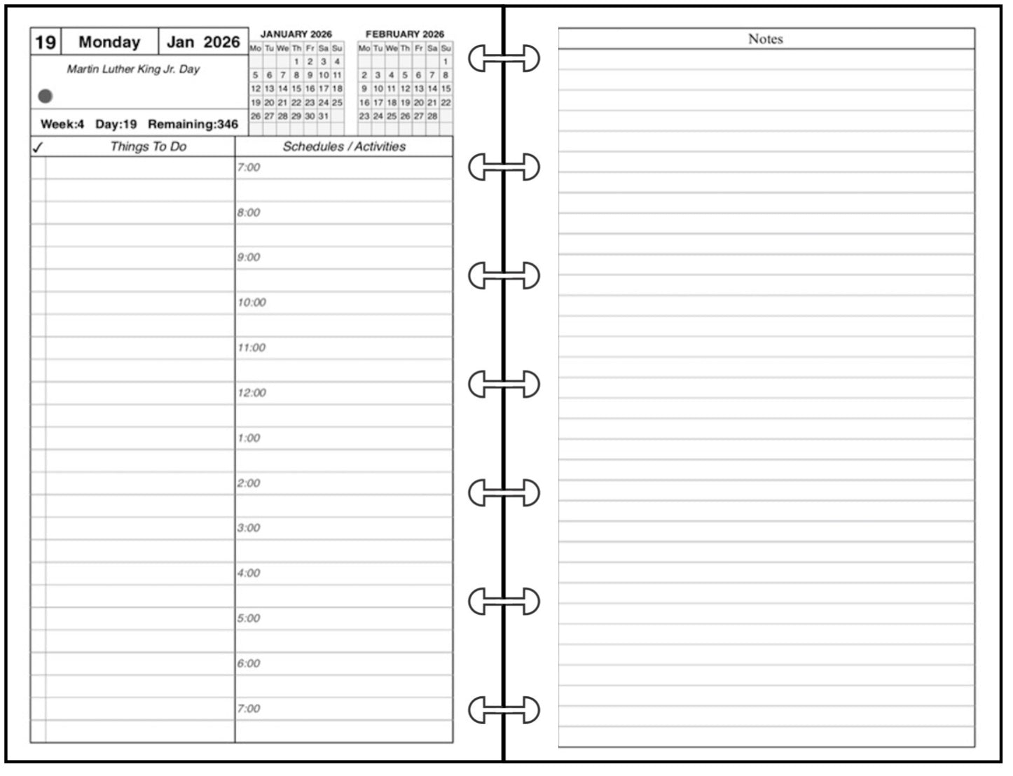 Miini Daily and Monthly Planner, 2 Pages Per Day, 2 Pages Per Month, With Lines, Style A