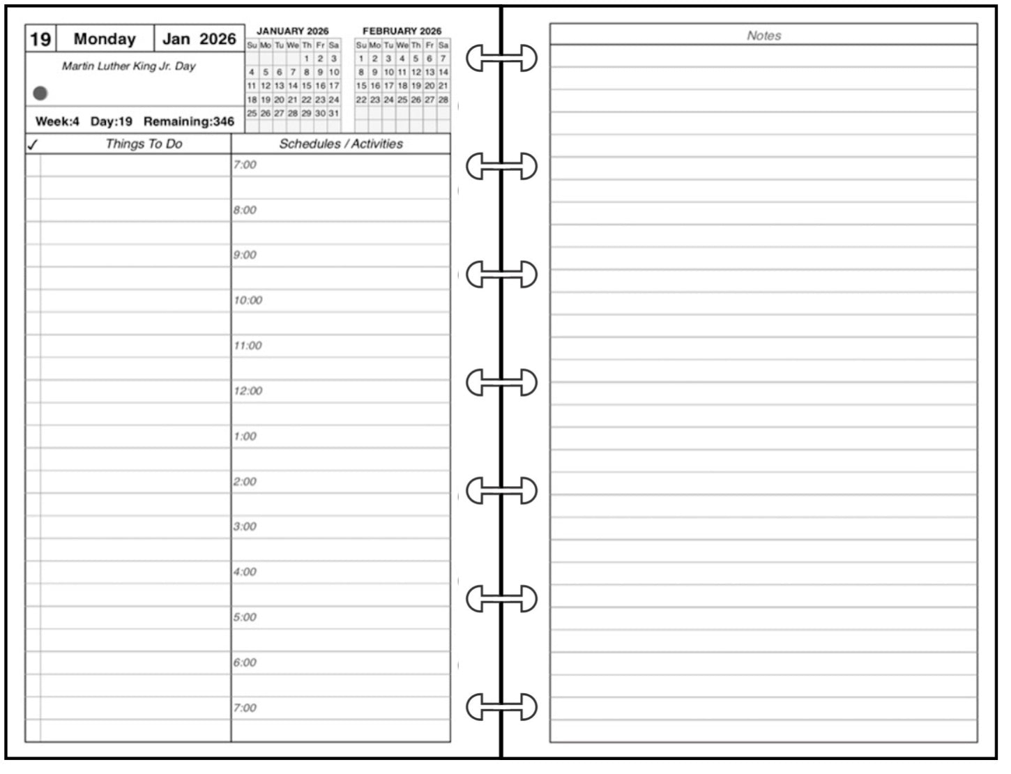 Miini Daily and Monthly Planner, 2 Pages Per Day, 2 Pages Per Month, With Lines, Style A