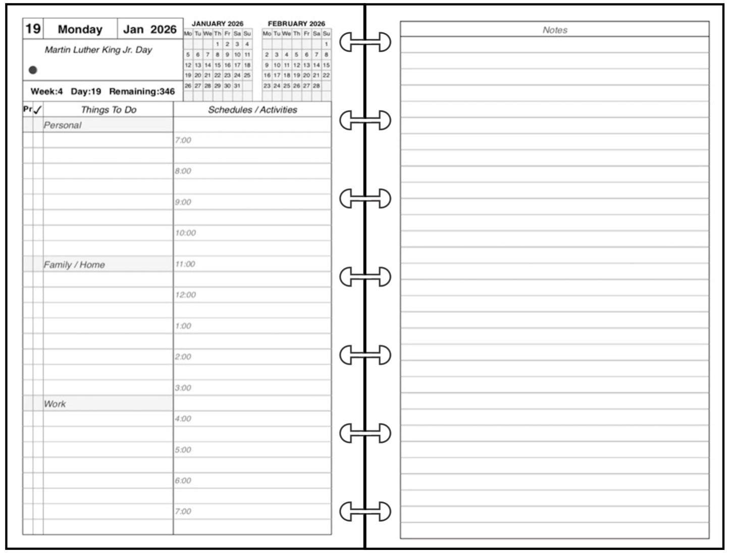 Miini Daily and Monthly Planner, 2 Pages Per Day, 2 Pages Per Month, With Lines, Style AS