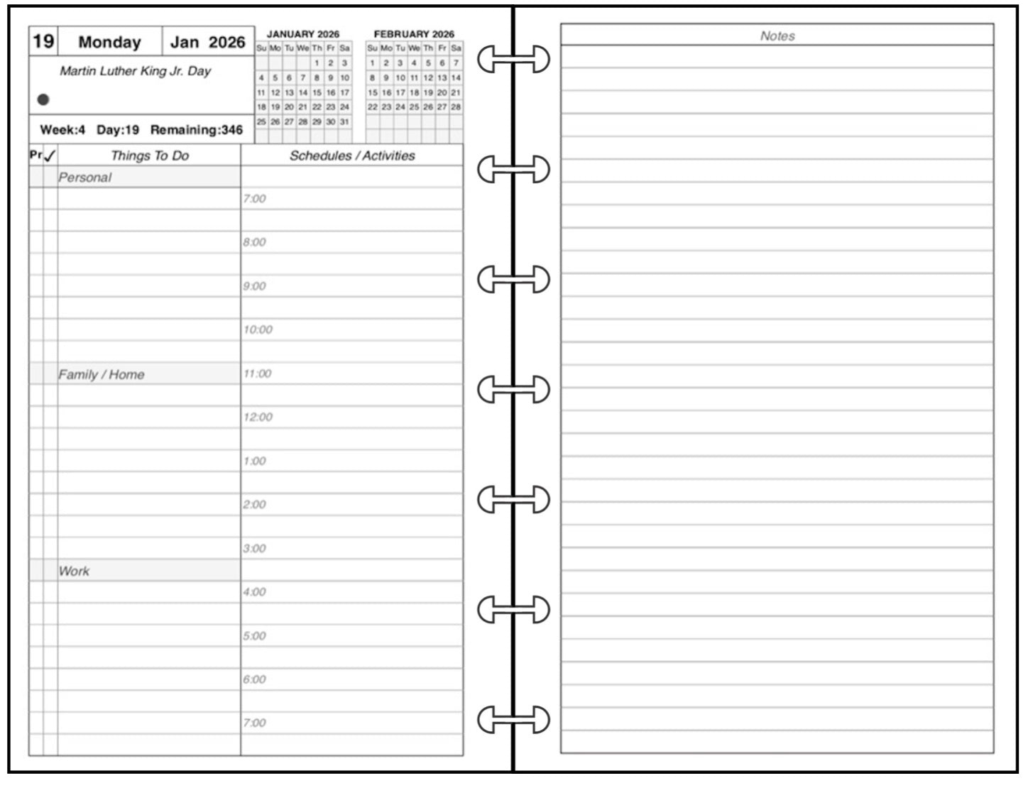 Miini Daily and Monthly Planner, 2 Pages Per Day, 2 Pages Per Month, With Lines, Style AS