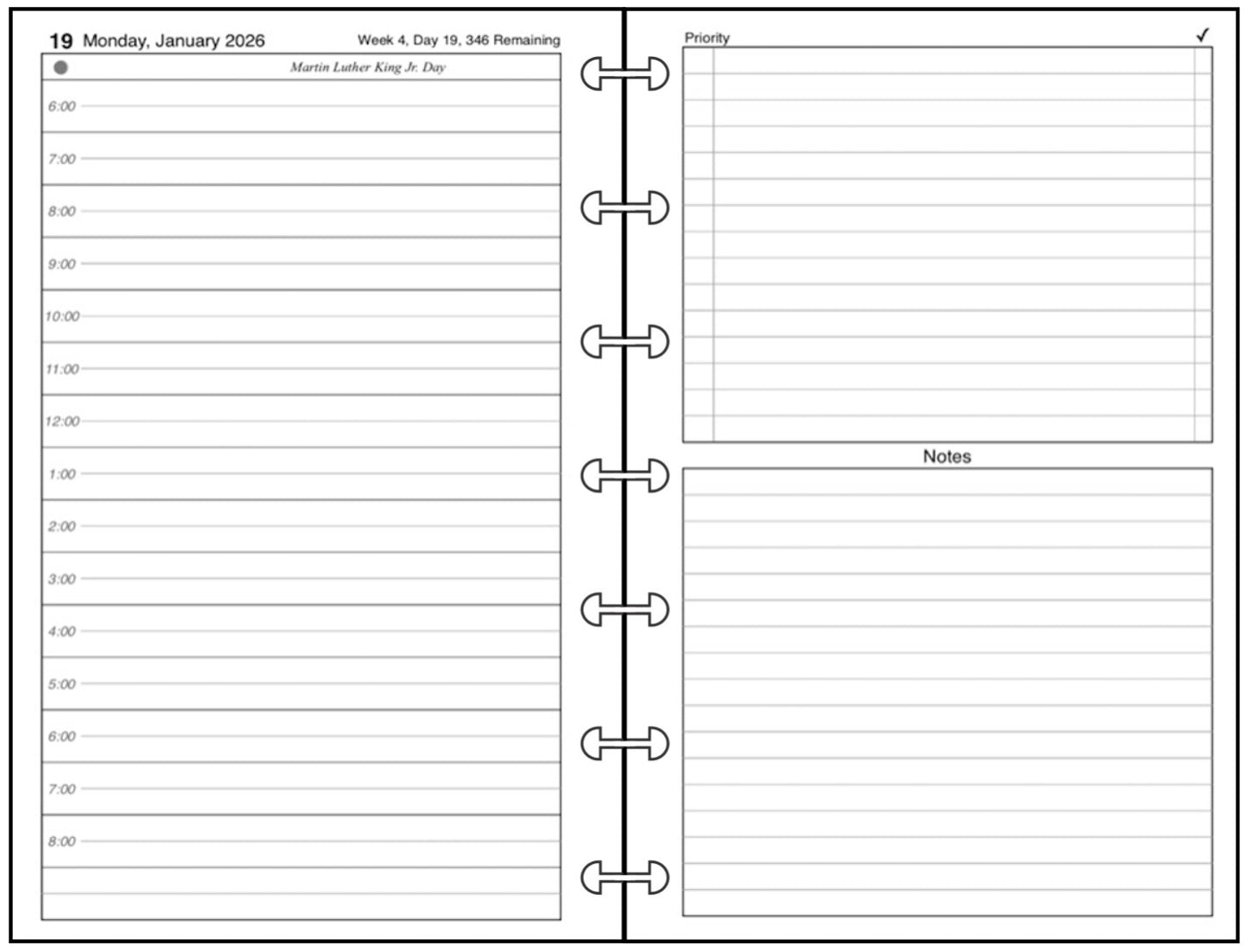 Miini Daily and Monthly Planner, 2 Pages Per Day, 2 Pages Per Month, With Lines, Style B