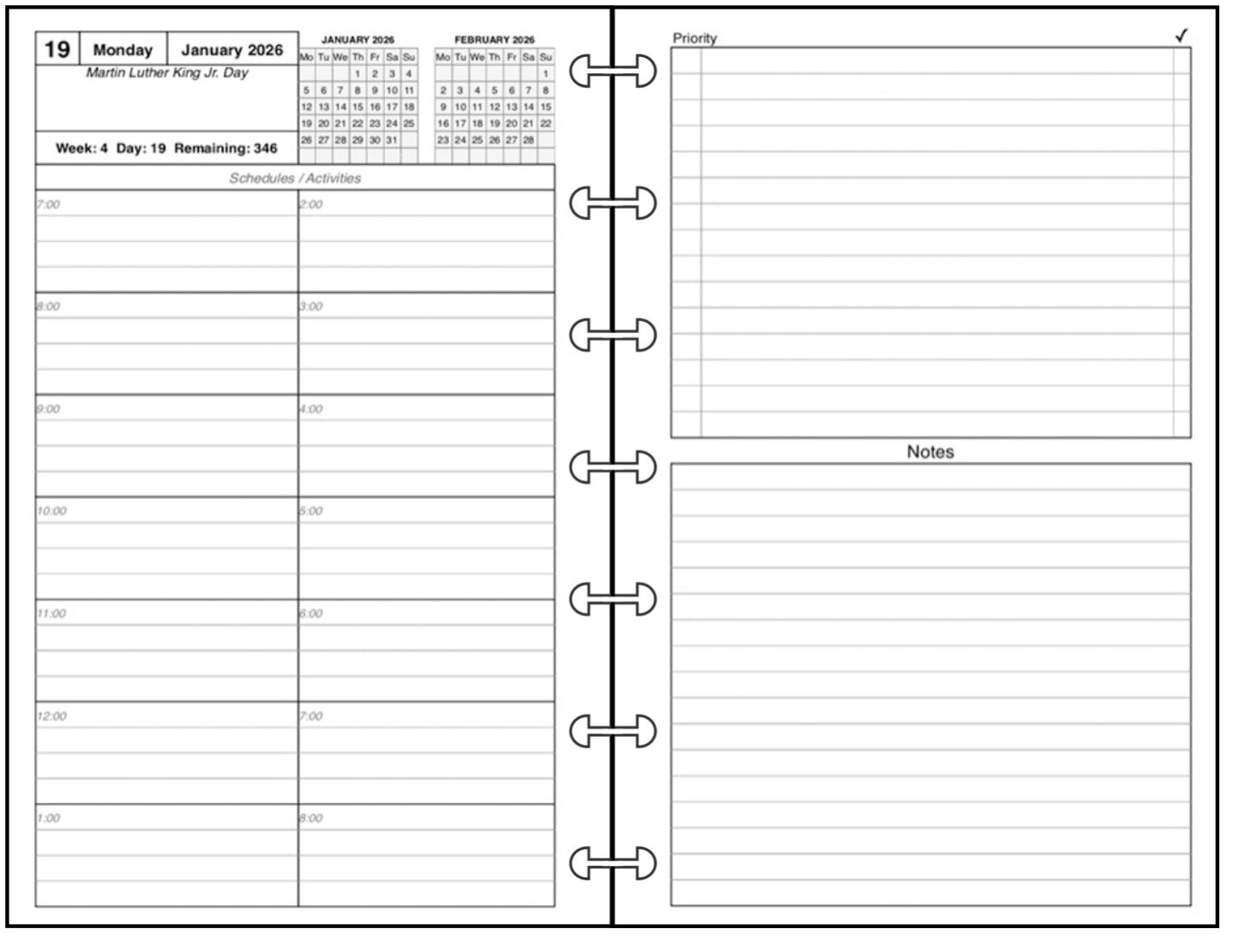 Miini Daily and Monthly Planner, 2 Pages Per Day, 2 Pages Per Month, With Lines, Style C