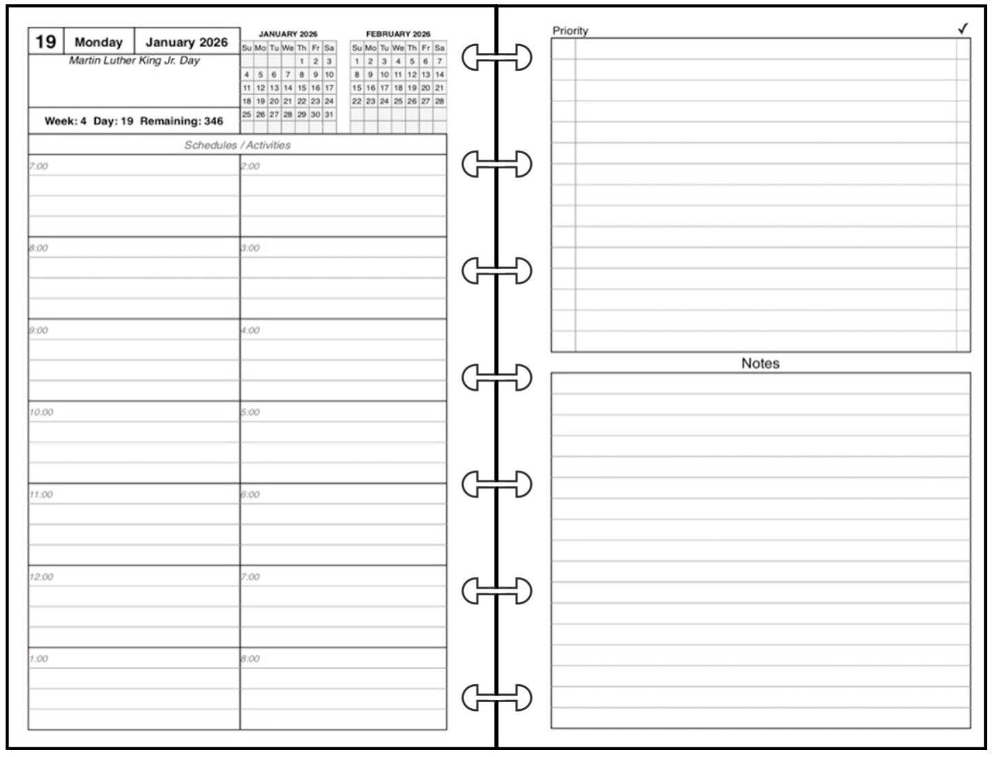 Miini Daily and Monthly Planner, 2 Pages Per Day, 2 Pages Per Month, With Lines, Style C