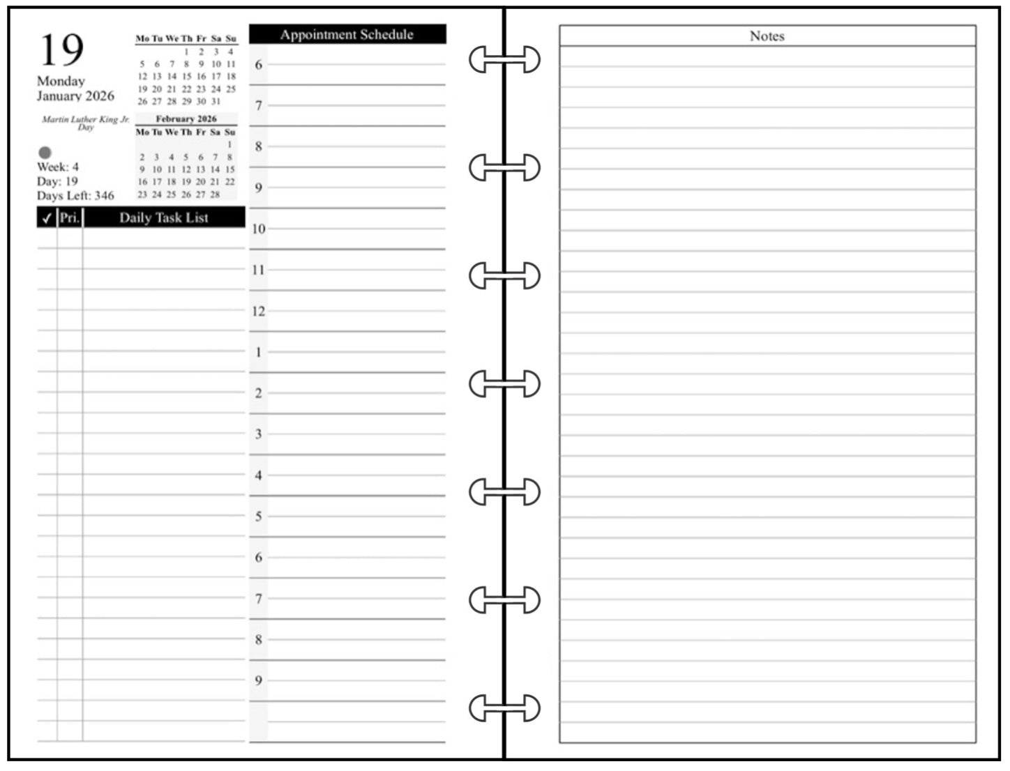Miini Daily and Monthly Planner, 2 Pages Per Day, 2 Pages Per Month, With Lines, Style D
