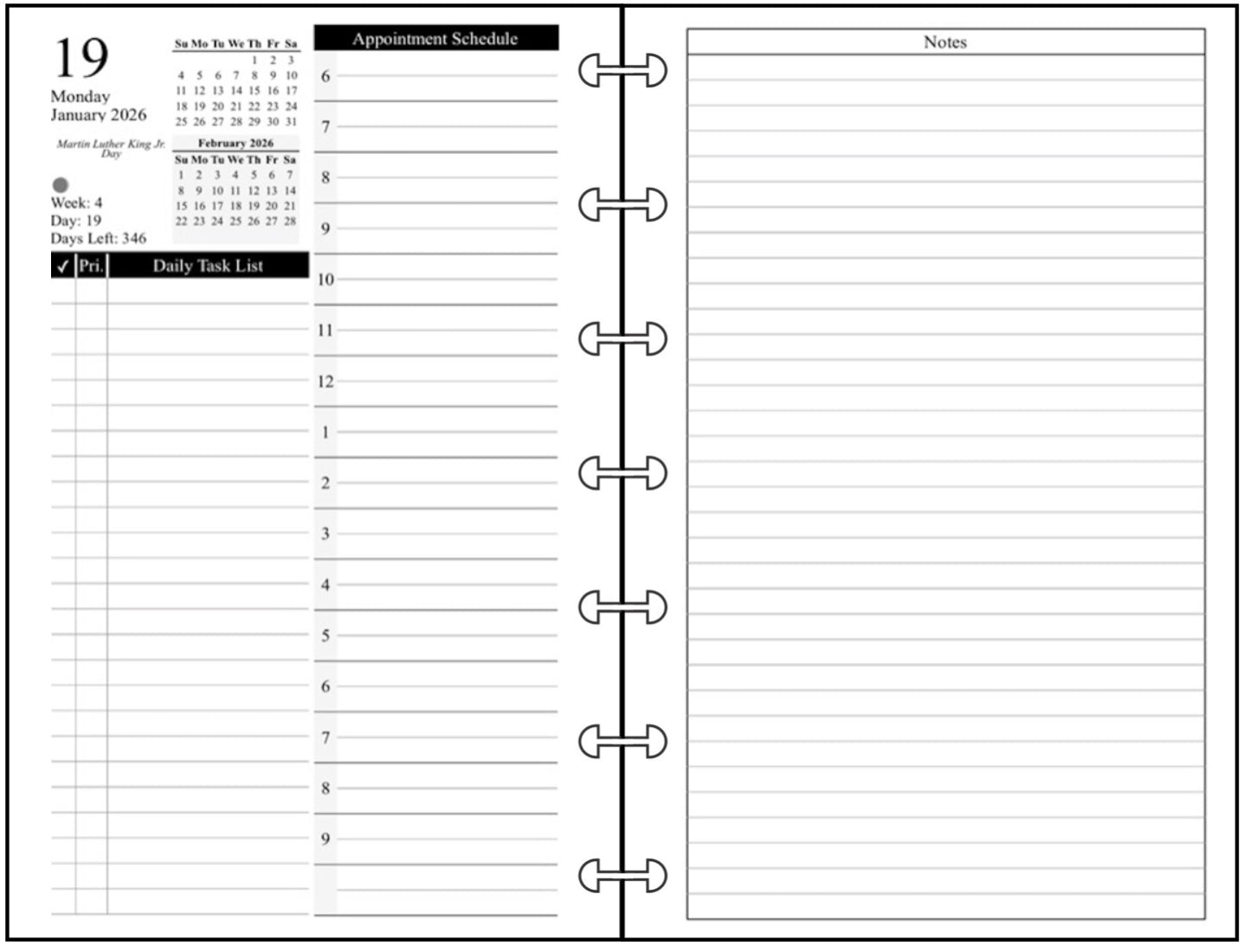 Miini Daily and Monthly Planner, 2 Pages Per Day, 2 Pages Per Month, With Lines, Style D