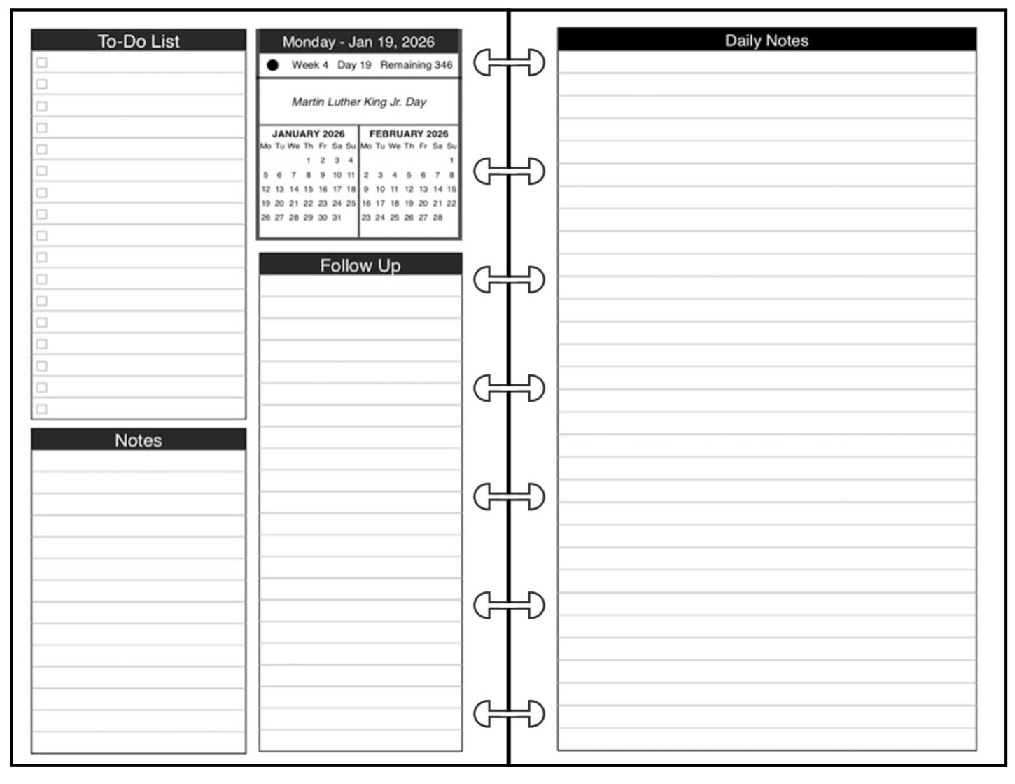 Miini Daily and Monthly Planner, 2 Pages Per Day, 2 Pages Per Month, With Lines, Style E
