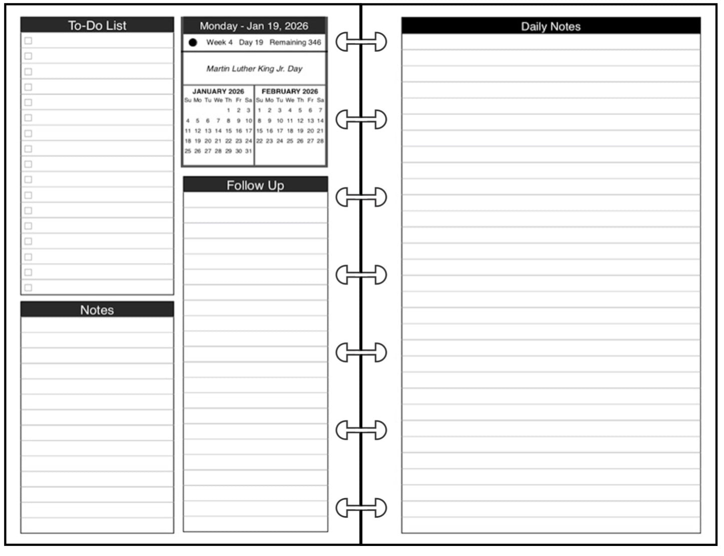 Miini Daily and Monthly Planner, 2 Pages Per Day, 2 Pages Per Month, With Lines, Style E