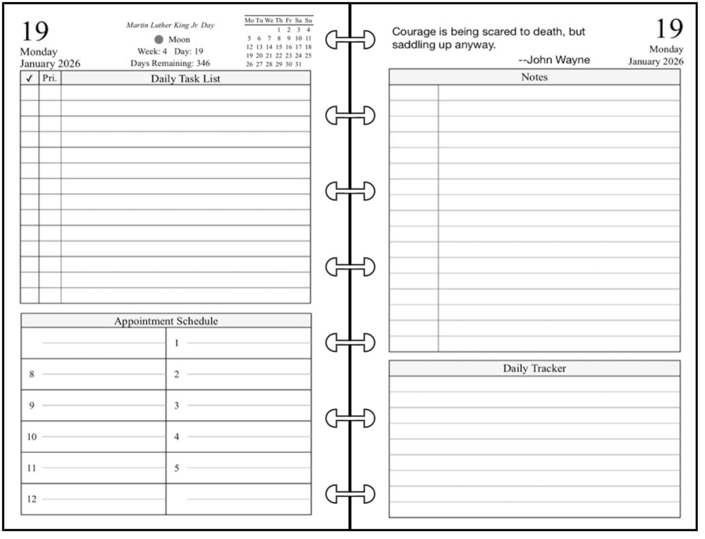 Miini Daily and Monthly Planner, 2 Pages Per Day, 2 Pages Per Month, With Lines, Style K
