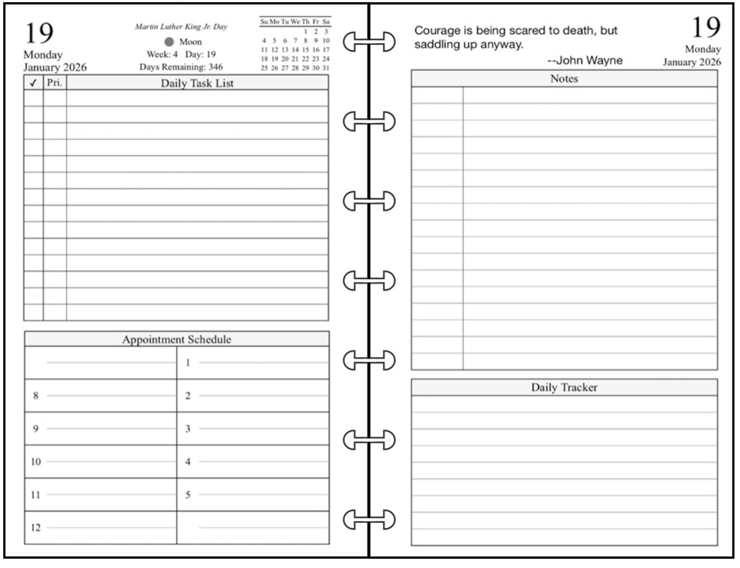 Miini Daily and Monthly Planner, 2 Pages Per Day, 2 Pages Per Month, With Lines, Style K