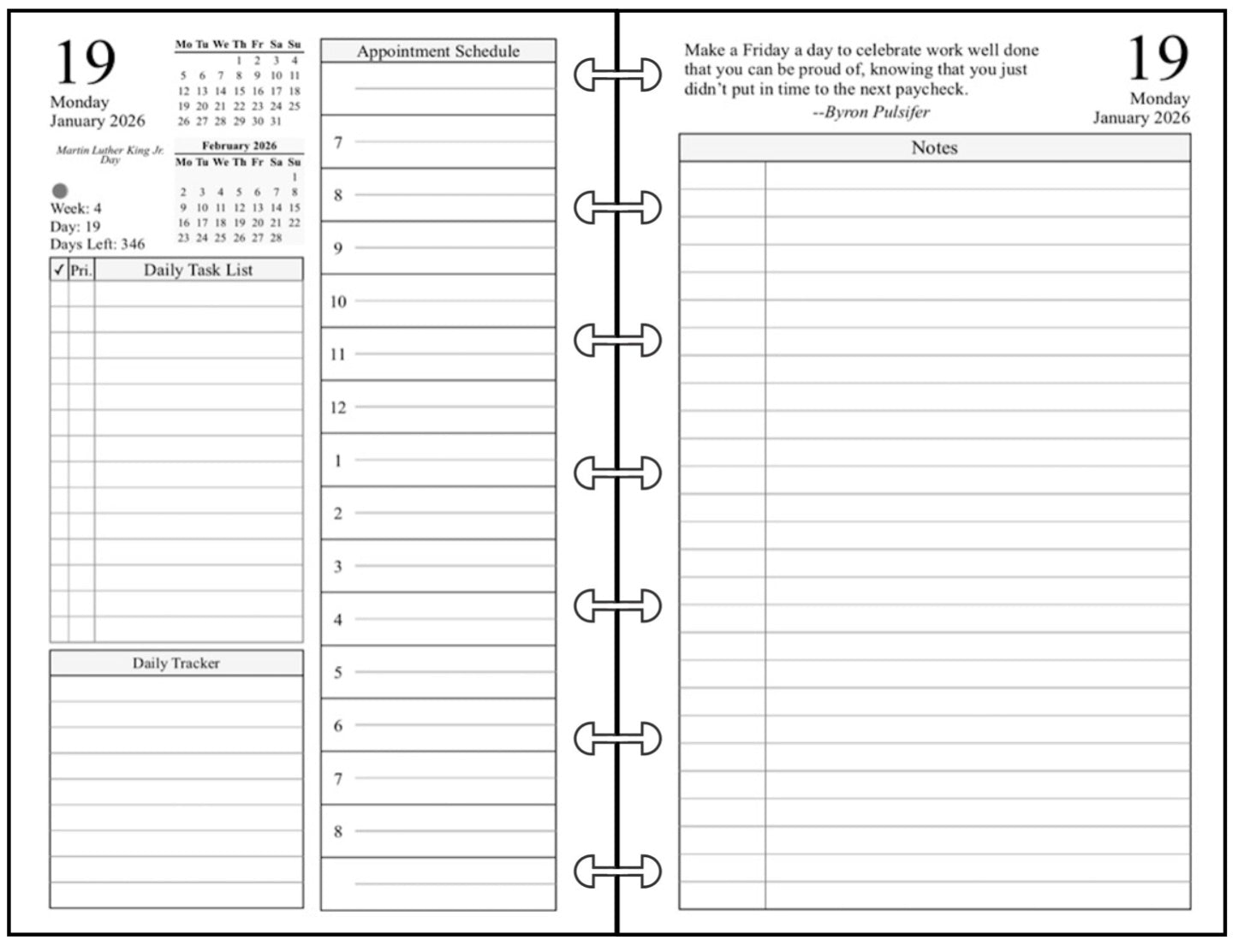 Miini Daily and Monthly Planner, 2 Pages Per Day, 2 Pages Per Month, With Lines, Style K1