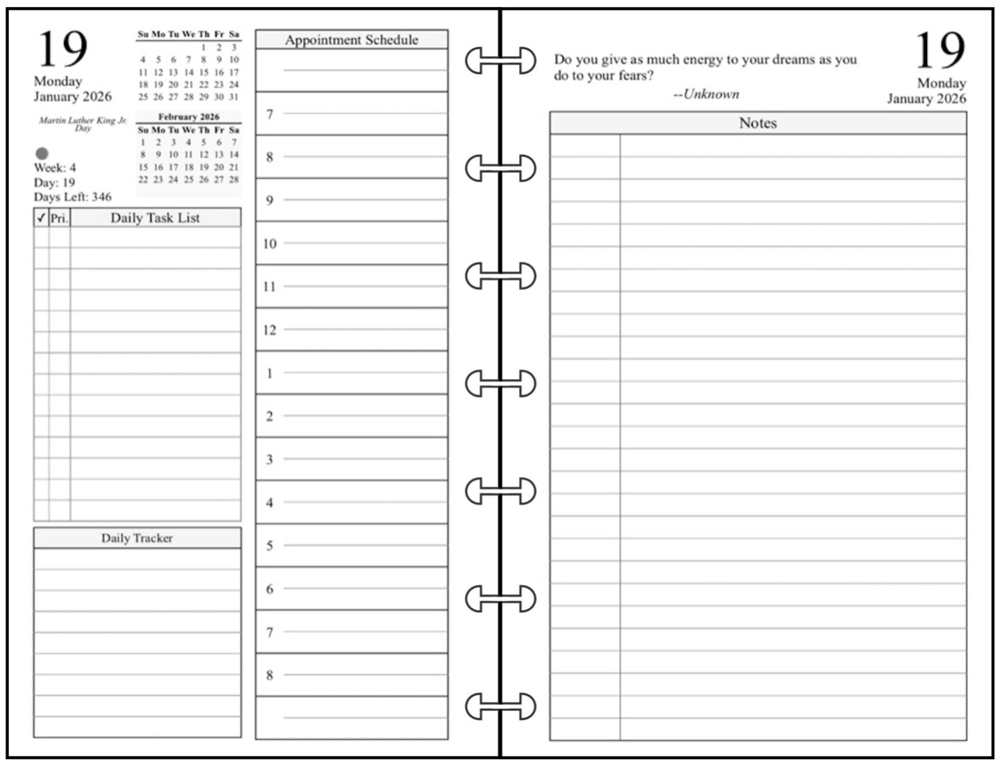 Miini Daily and Monthly Planner, 2 Pages Per Day, 2 Pages Per Month, With Lines, Style K1
