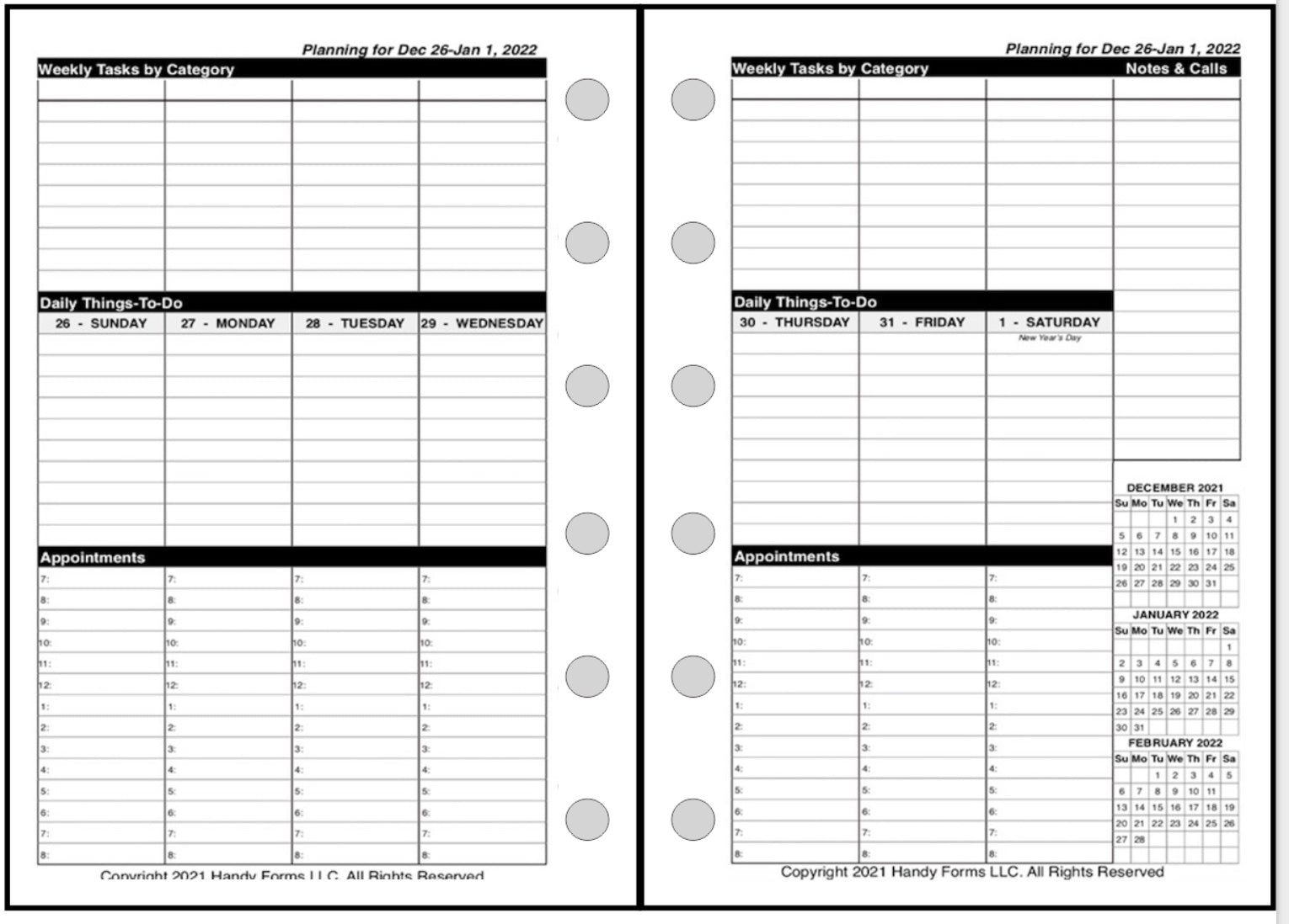 Pocket Plus size Weekly and Monthly Planner, 2 Pages Per Week, 2 Pages Per Month, Style VT