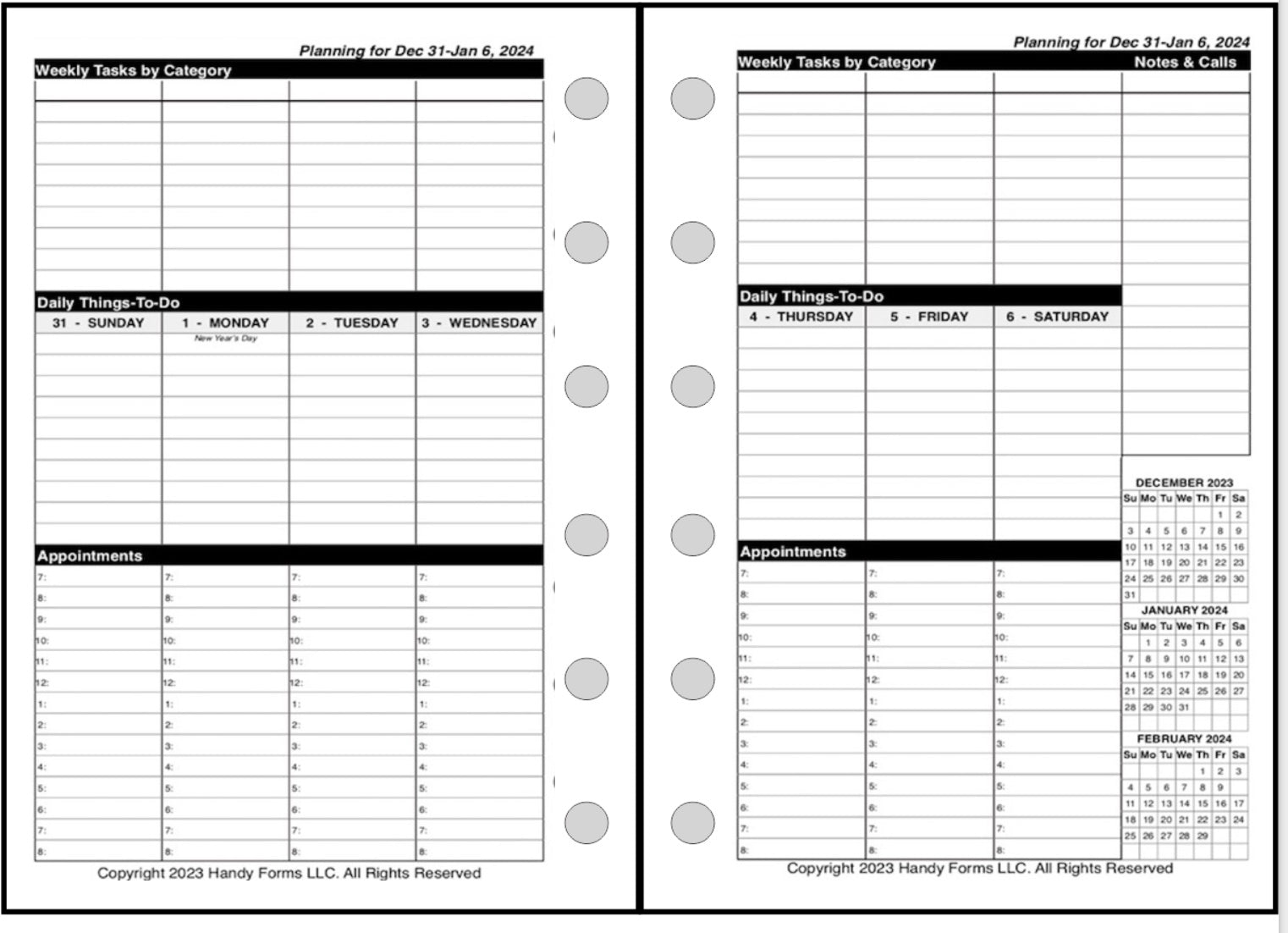 Pocket Plus size Weekly and Monthly Planner, 2 Pages Per Week, 2 Pages Per Month, Style VT
