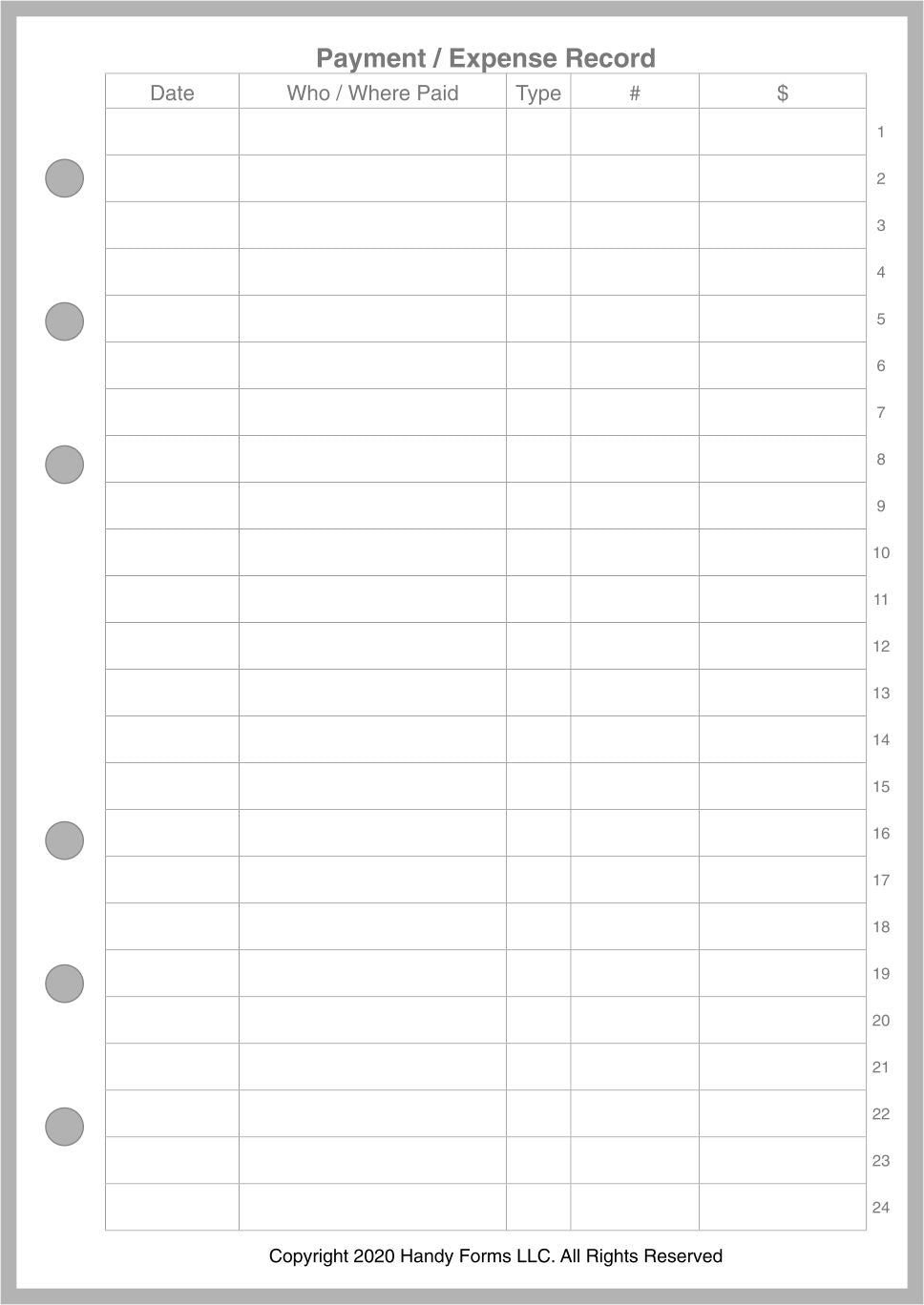 Personal Wide Payment / Expense Record and Check Register
