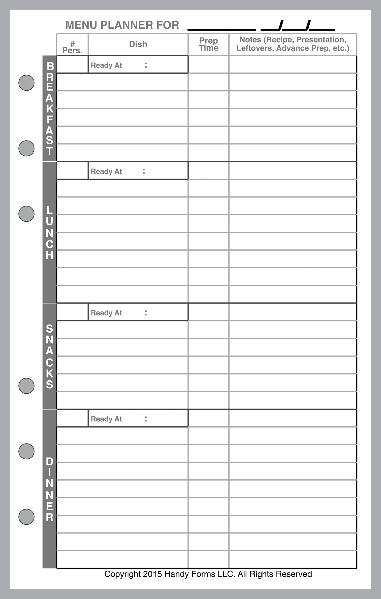 Personal Wide Daily and Weekly Menu Planner
