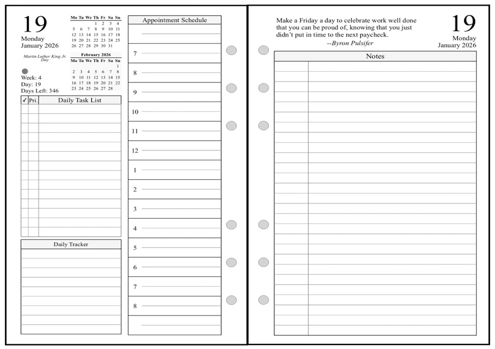 Personal Wide Daily and Monthly Planner, 2 Pages Per Day, 2 Pages Per Month, With Lines, Style K1