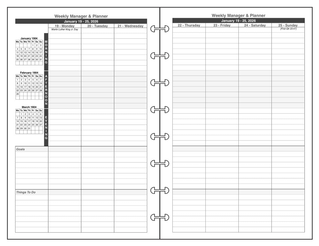 Junior Weekly and Monthly Planner, 2 Pages Per Week, 2 Pages Per Month, Style M