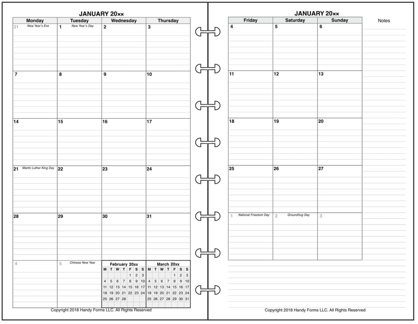 Junior Size Disc Binding Monthly Planner, 2 Pages Per Month, 7-Column Month, With Lines